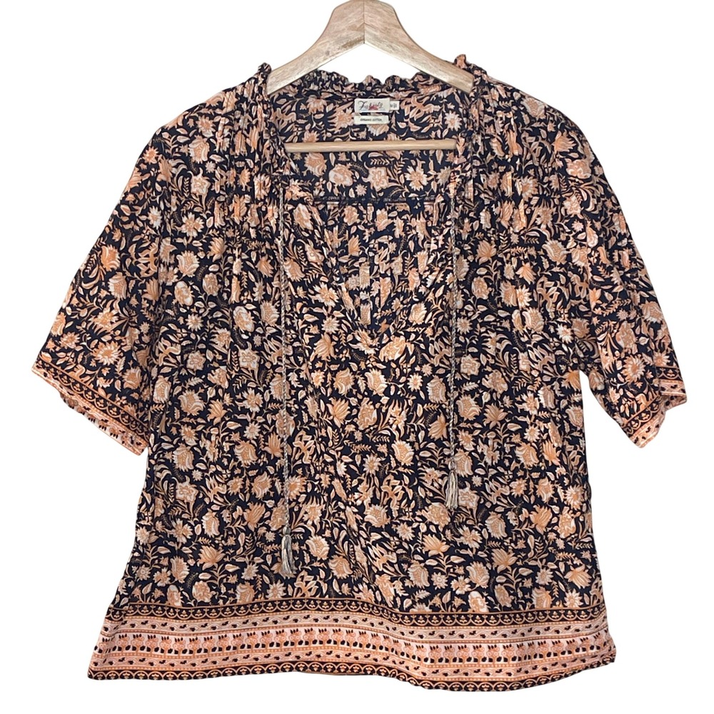 FAHERTY  Organic Cotton Floral Print Smocked Neck Tassel Tie Top Women Medium